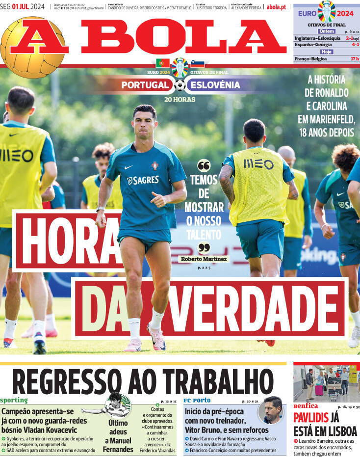 A Bola: Capa da Edi&ccedil;&atilde;o de segunda-feira, 01 de julho 2024
