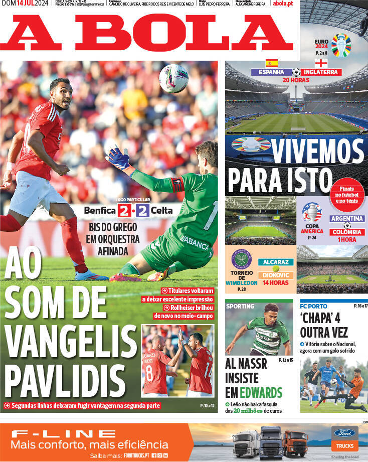 A Bola: Capa da Edi&ccedil;&atilde;o de domingo, 14 de julho 2024