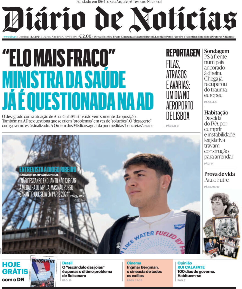 Di&aacute;rio de Not&iacute;cias: Capa da Edi&ccedil;&atilde;o de domingo, 14 de julho 2024