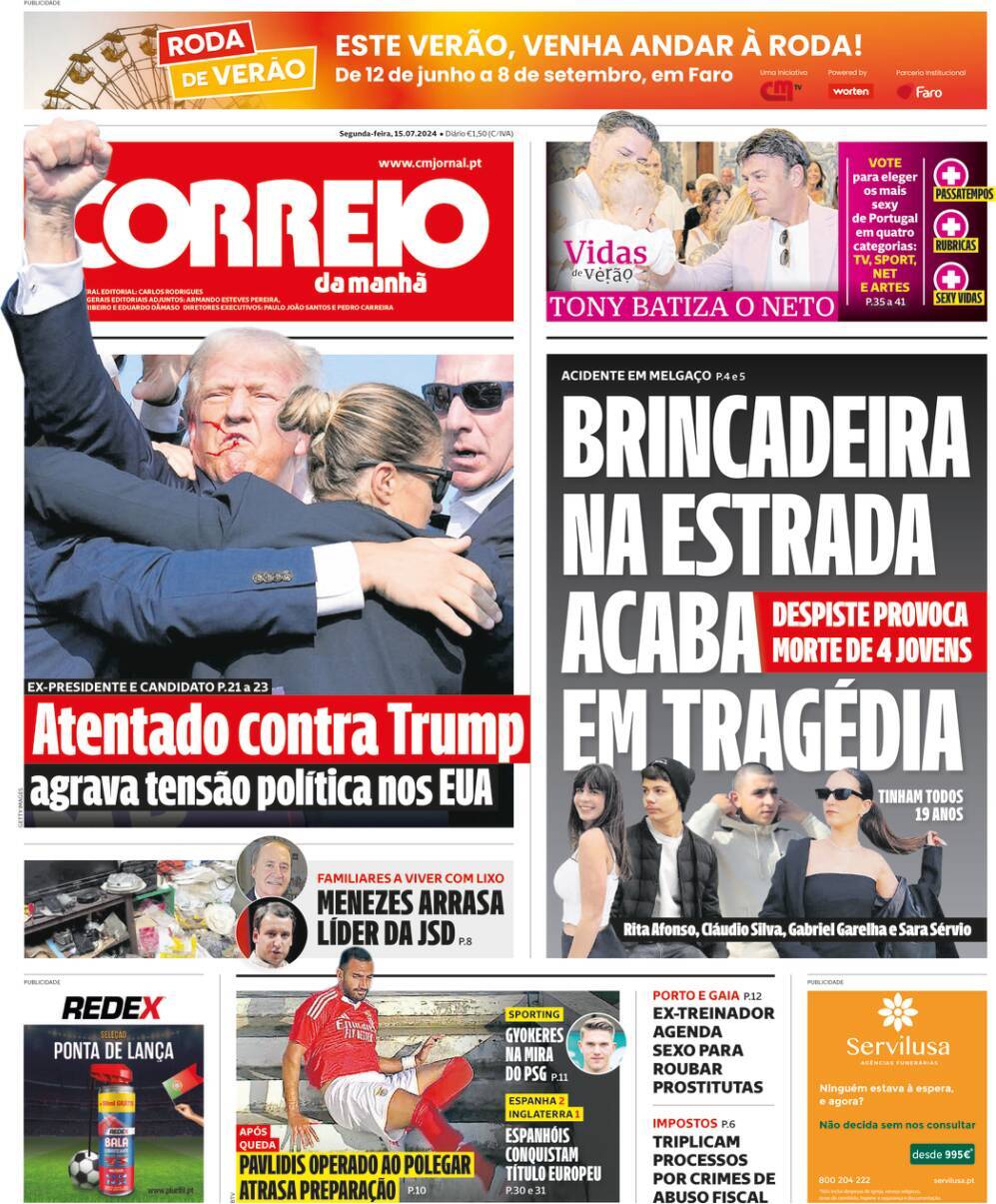 Correio da Manh&atilde;: Capa da Edi&ccedil;&atilde;o de segunda-feira, 15 de julho 2024