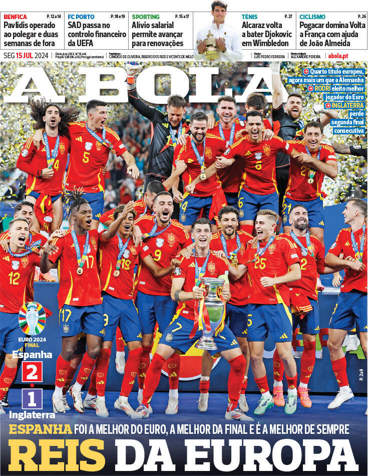A Bola: Capa da Edi&ccedil;&atilde;o de segunda-feira, 15 de julho 2024