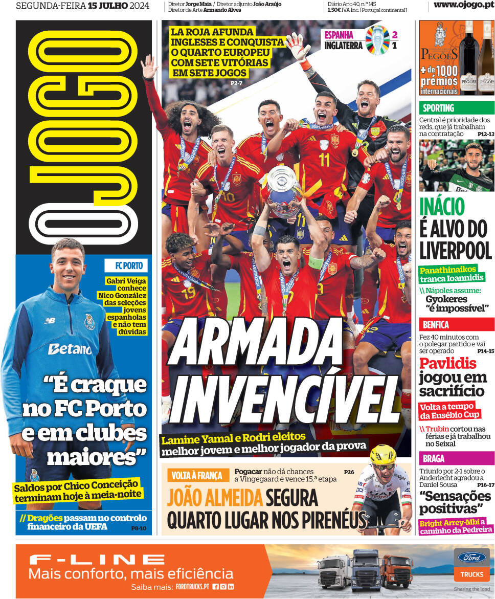 O Jogo: Capa da Edi&ccedil;&atilde;o de segunda-feira, 15 de julho 2024