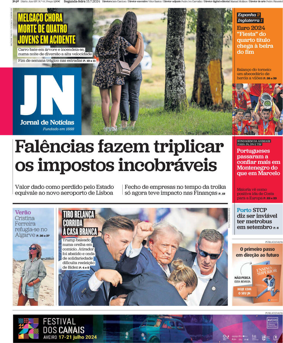 Jornal de Not&iacute;cias: Capa da Edi&ccedil;&atilde;o de segunda-feira, 15 de julho 2024