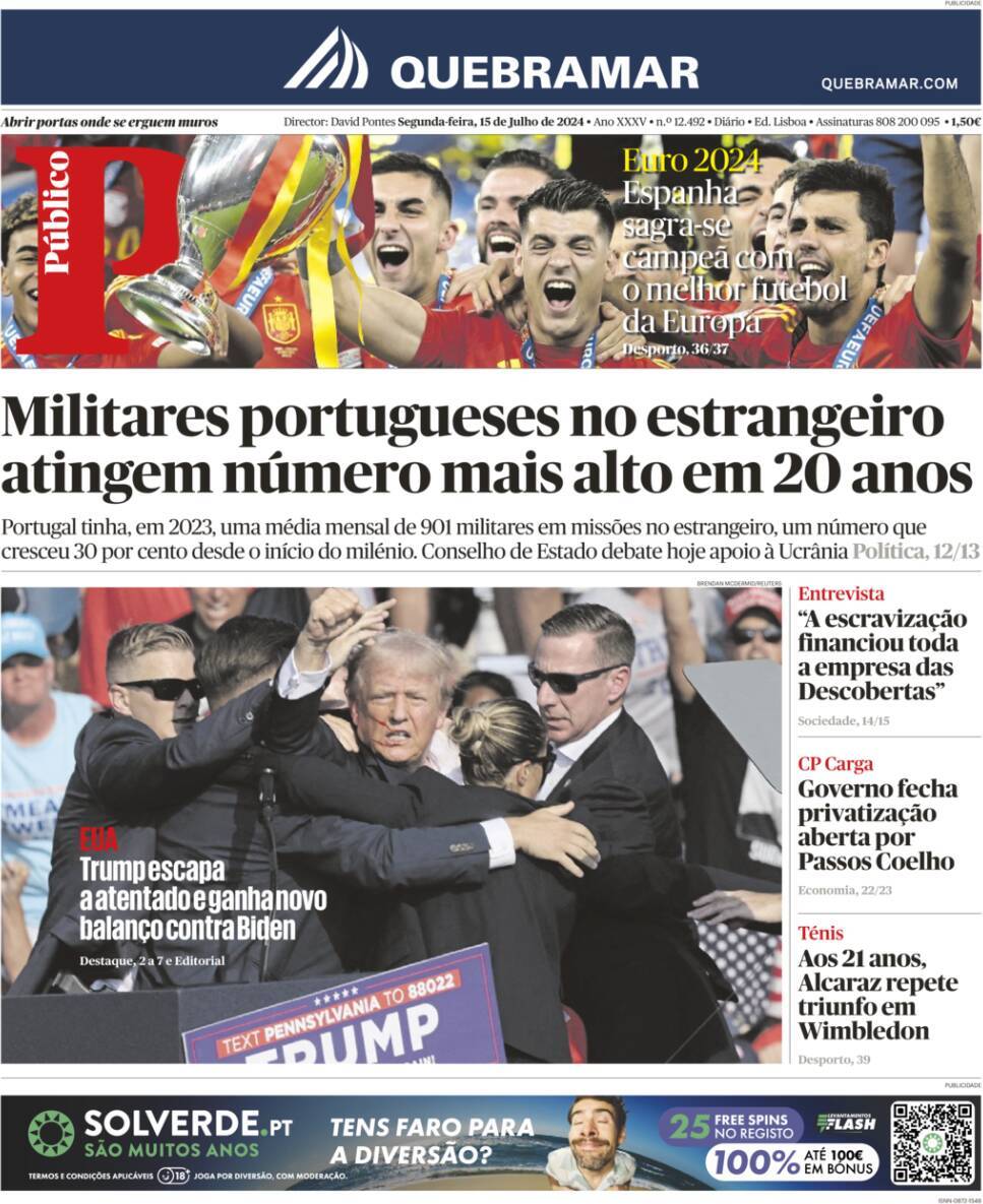 P&uacute;blico: Capa da Edi&ccedil;&atilde;o de segunda-feira, 15 de julho 2024