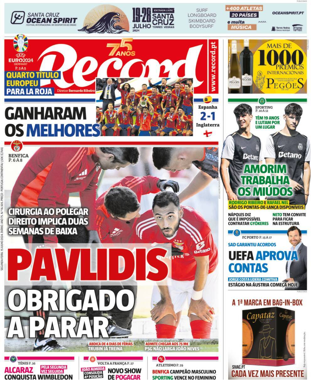 Record: Capa da Edi&ccedil;&atilde;o de segunda-feira, 15 de julho 2024