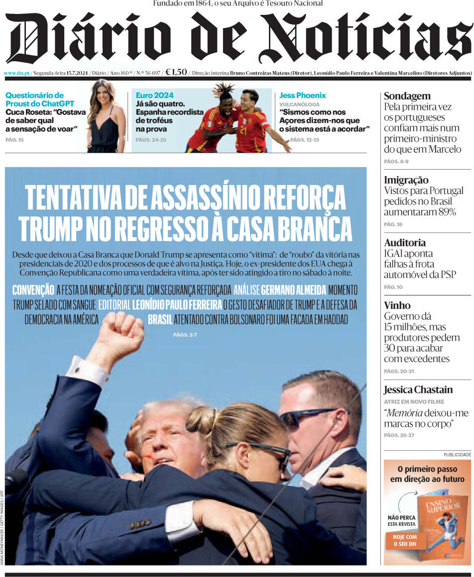 Di&aacute;rio de Not&iacute;cias: Capa da Edi&ccedil;&atilde;o de segunda-feira, 15 de julho 2024