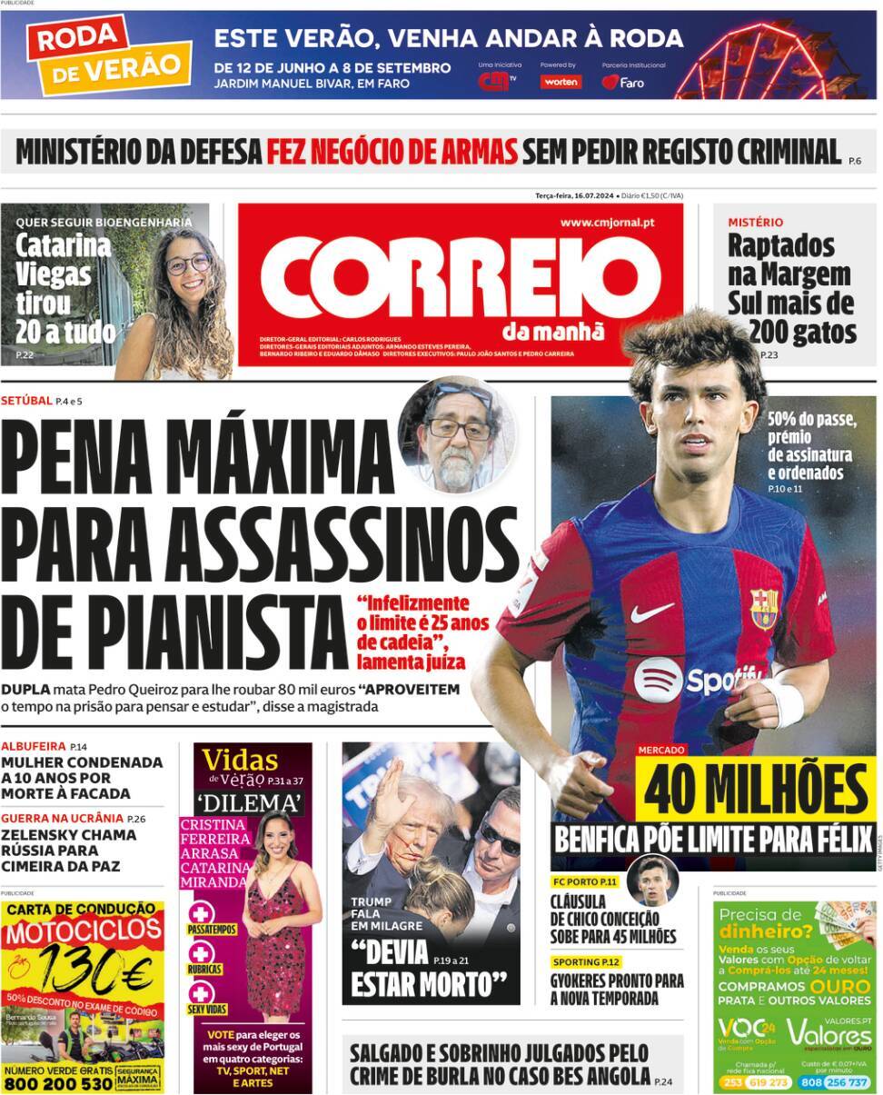 Correio da Manh&atilde;: Capa da Edi&ccedil;&atilde;o de ter&ccedil;a-feira, 16 de julho 2024