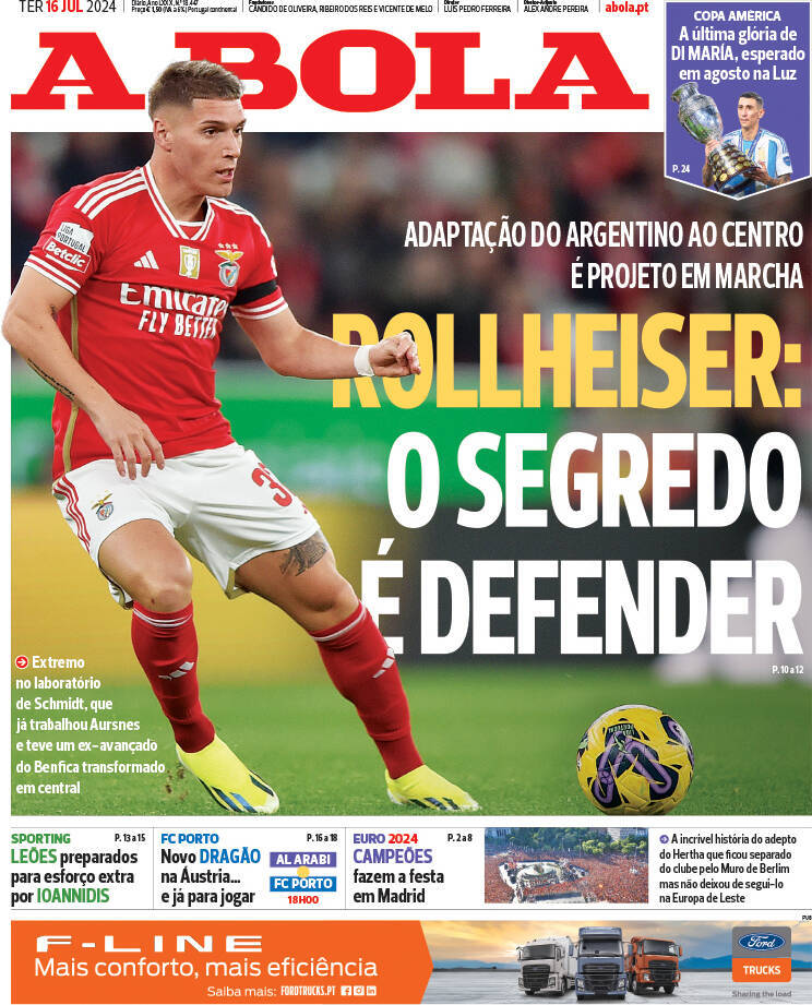 A Bola: Capa da Edi&ccedil;&atilde;o de ter&ccedil;a-feira, 16 de julho 2024