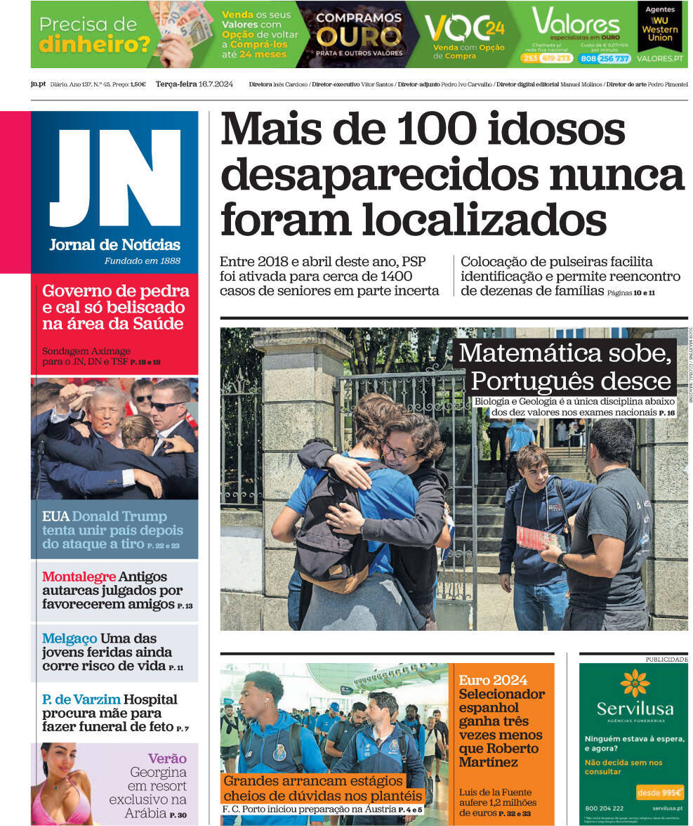 Jornal de Not&iacute;cias: Capa da Edi&ccedil;&atilde;o de ter&ccedil;a-feira, 16 de julho 2024