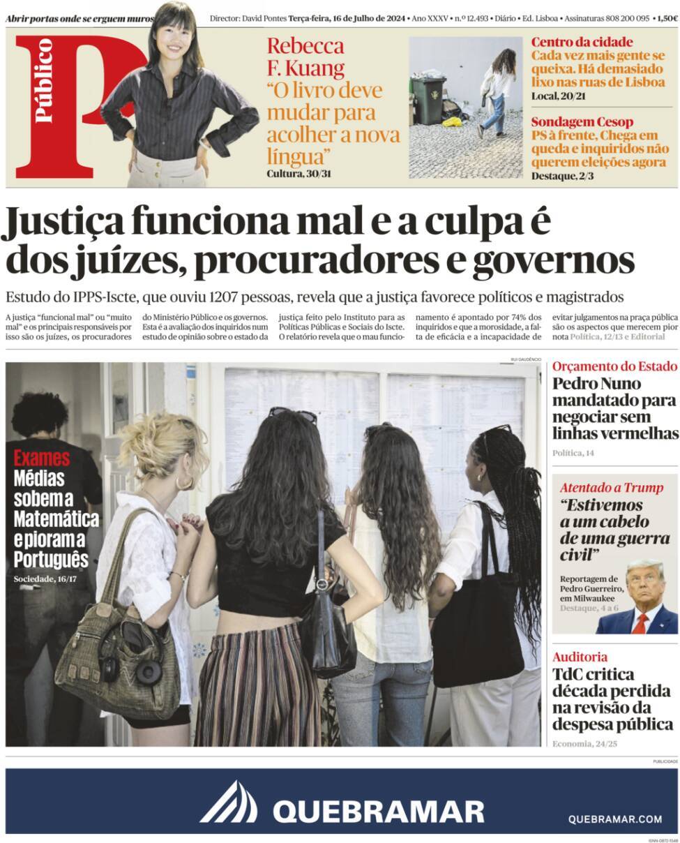P&uacute;blico: Capa da Edi&ccedil;&atilde;o de ter&ccedil;a-feira, 16 de julho 2024