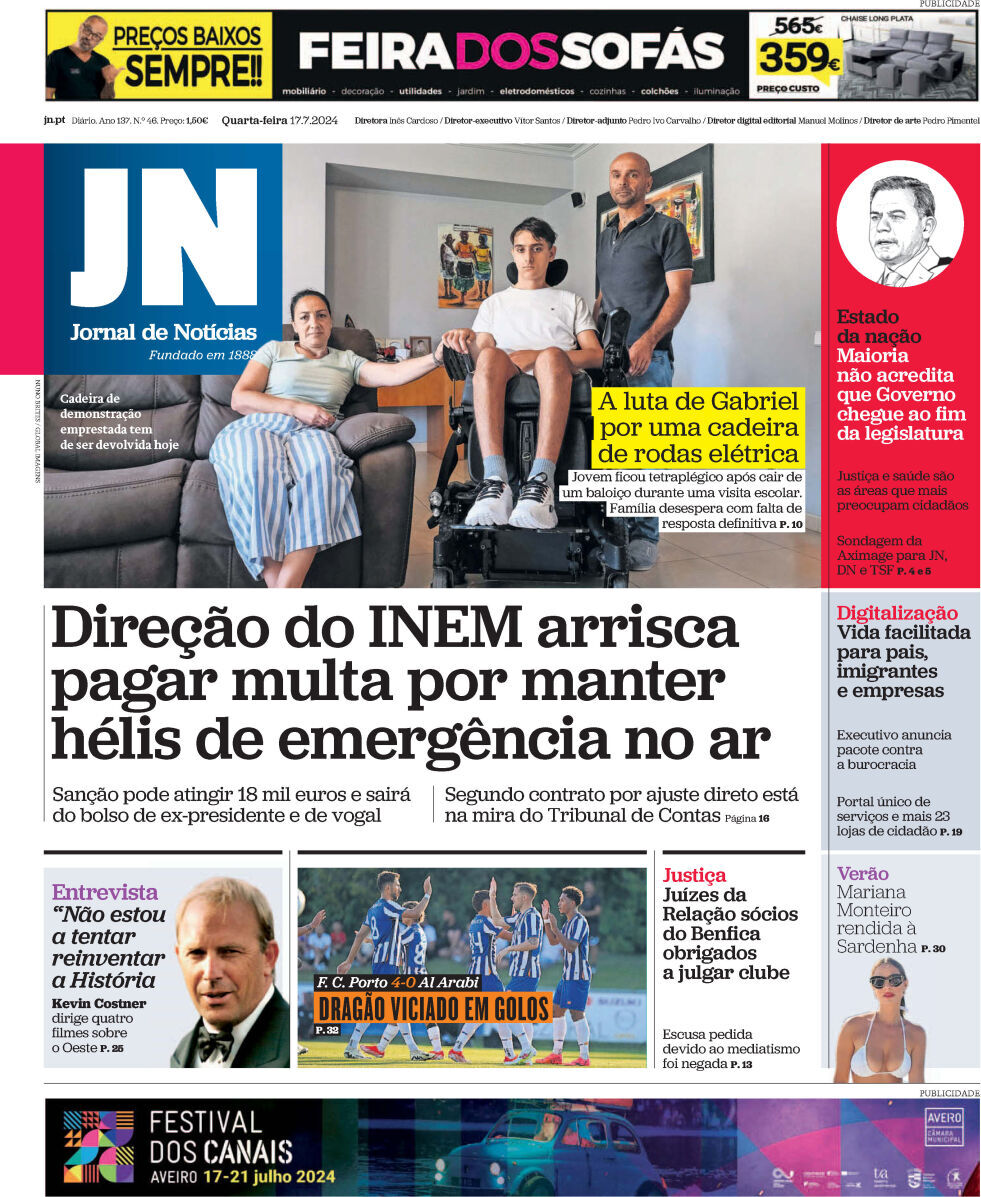 Jornal de Not&iacute;cias: Capa da Edi&ccedil;&atilde;o de quarta-feira, 17 de julho 2024