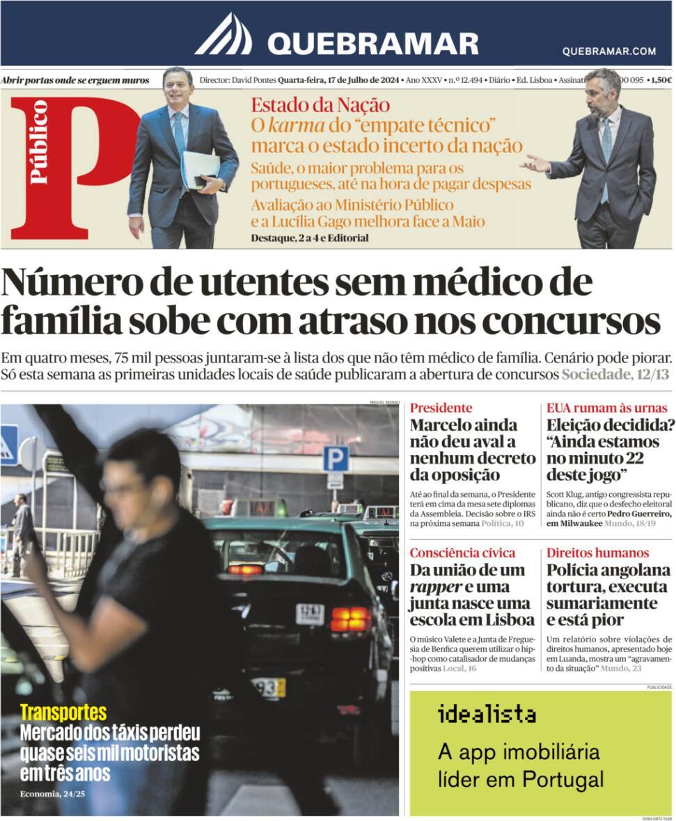 P&uacute;blico: Capa da Edi&ccedil;&atilde;o de quarta-feira, 17 de julho 2024