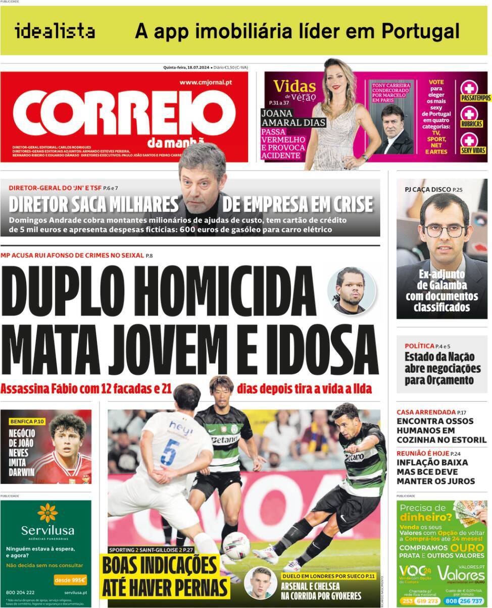 Correio da Manh&atilde;: Capa da Edi&ccedil;&atilde;o de quinta-feira, 18 de julho 2024