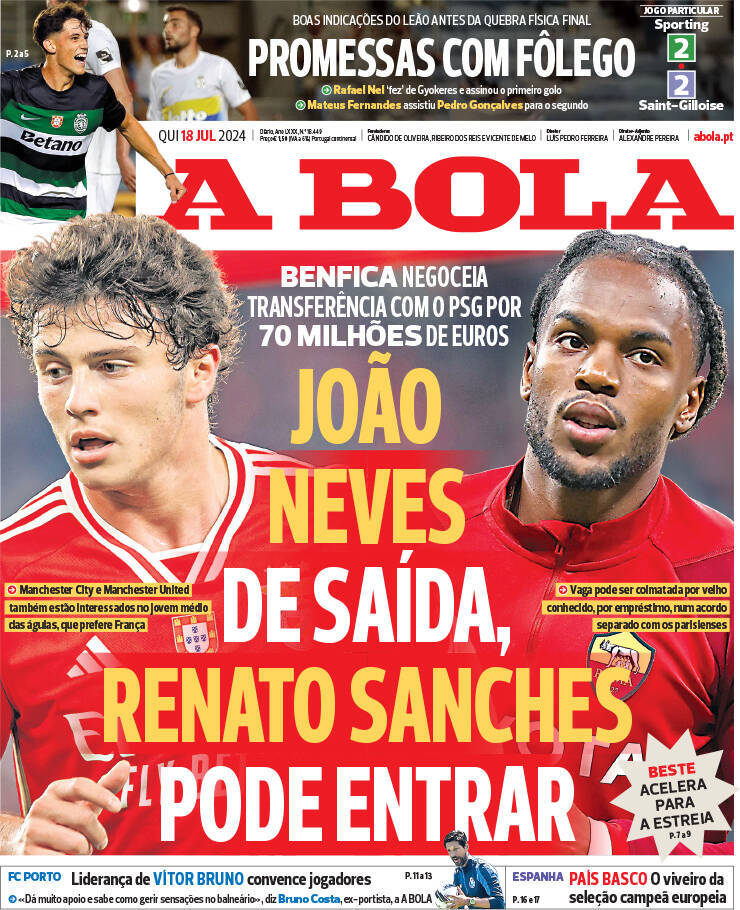 A Bola: Capa da Edi&ccedil;&atilde;o de quinta-feira, 18 de julho 2024