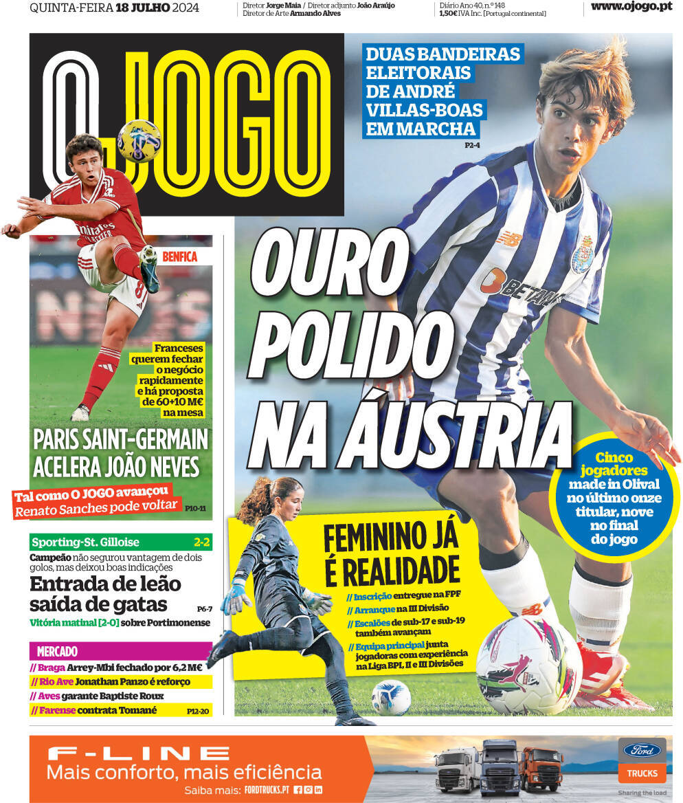 O Jogo: Capa da Edi&ccedil;&atilde;o de quinta-feira, 18 de julho 2024