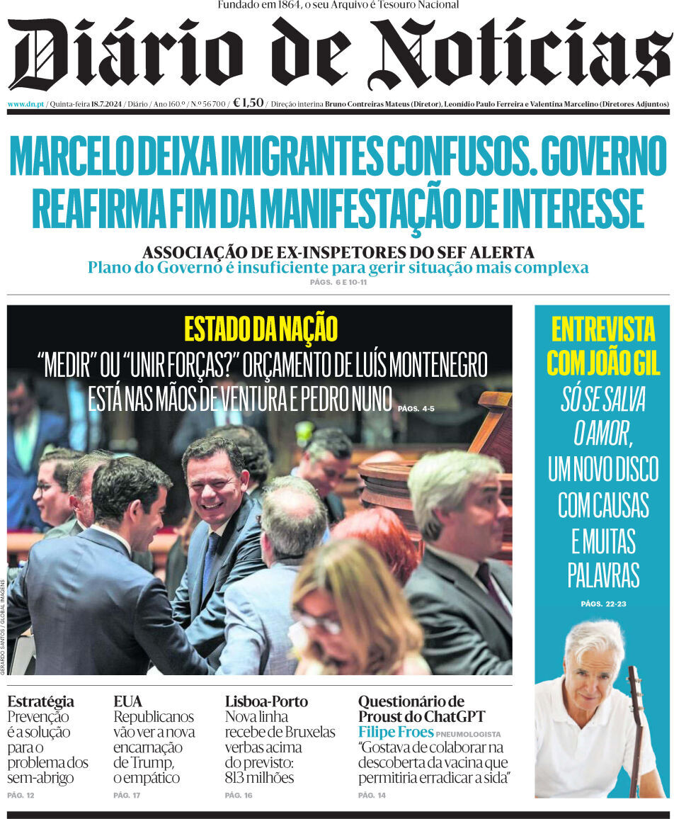 Di&aacute;rio de Not&iacute;cias: Capa da Edi&ccedil;&atilde;o de quinta-feira, 18 de julho 2024