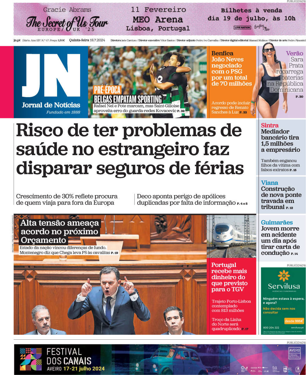 Jornal de Not&iacute;cias: Capa da Edi&ccedil;&atilde;o de quinta-feira, 18 de julho 2024
