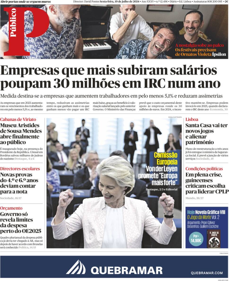 P&uacute;blico: Capa da Edi&ccedil;&atilde;o de sexta-feira, 19 de julho 2024