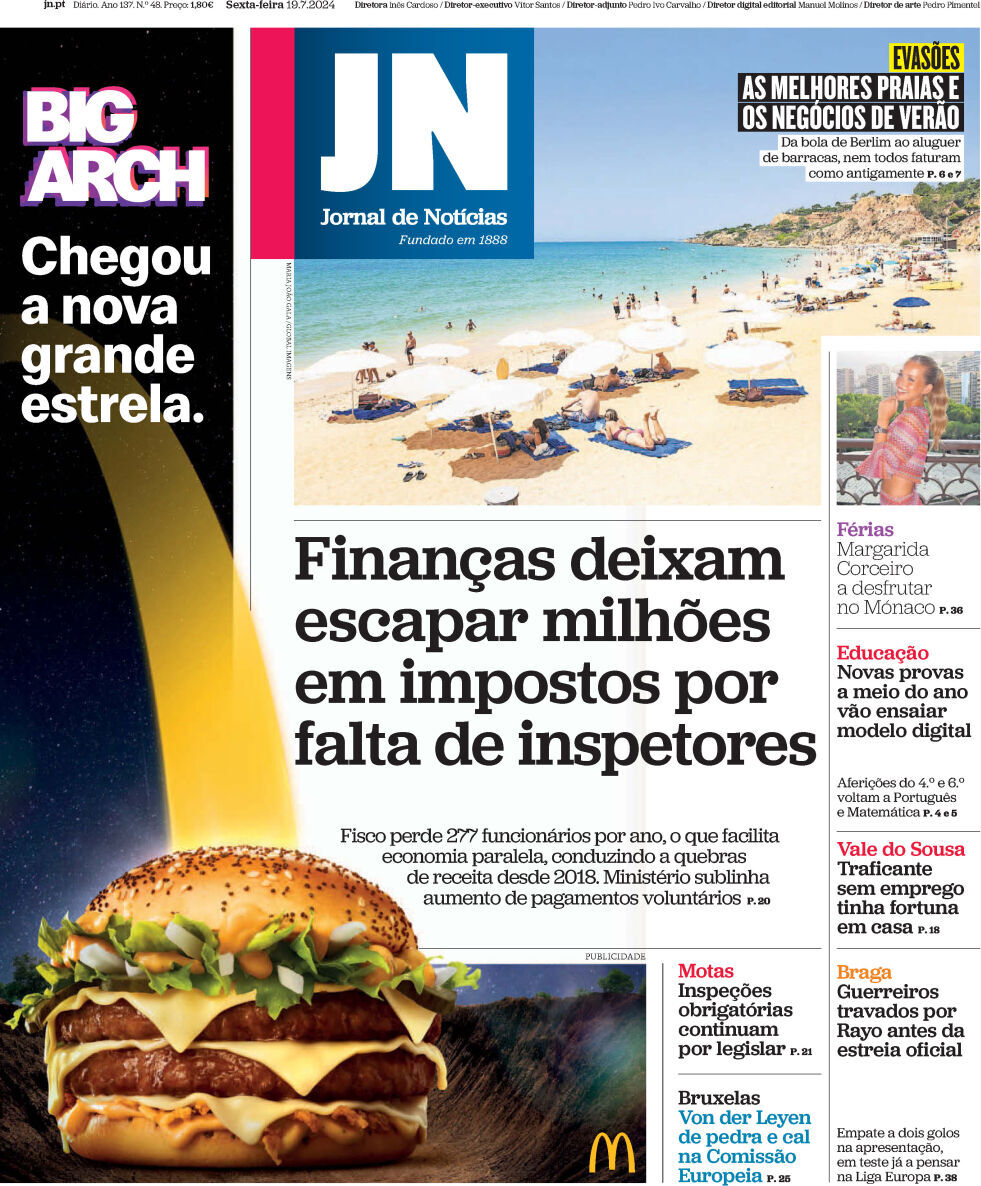 Jornal de Not&iacute;cias: Capa da Edi&ccedil;&atilde;o de sexta-feira, 19 de julho 2024