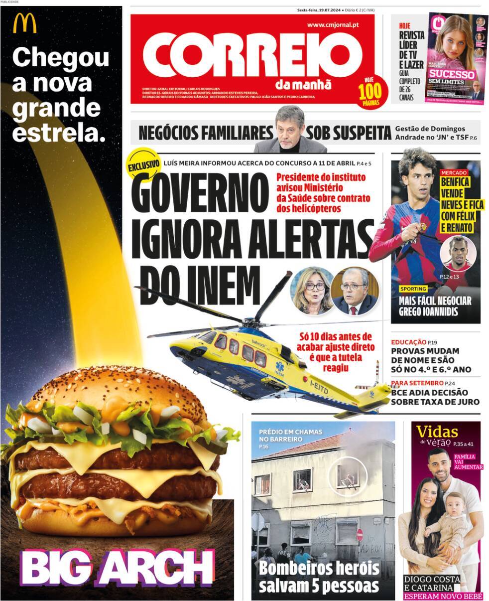 Correio da Manh&atilde;: Capa da Edi&ccedil;&atilde;o de sexta-feira, 19 de julho 2024