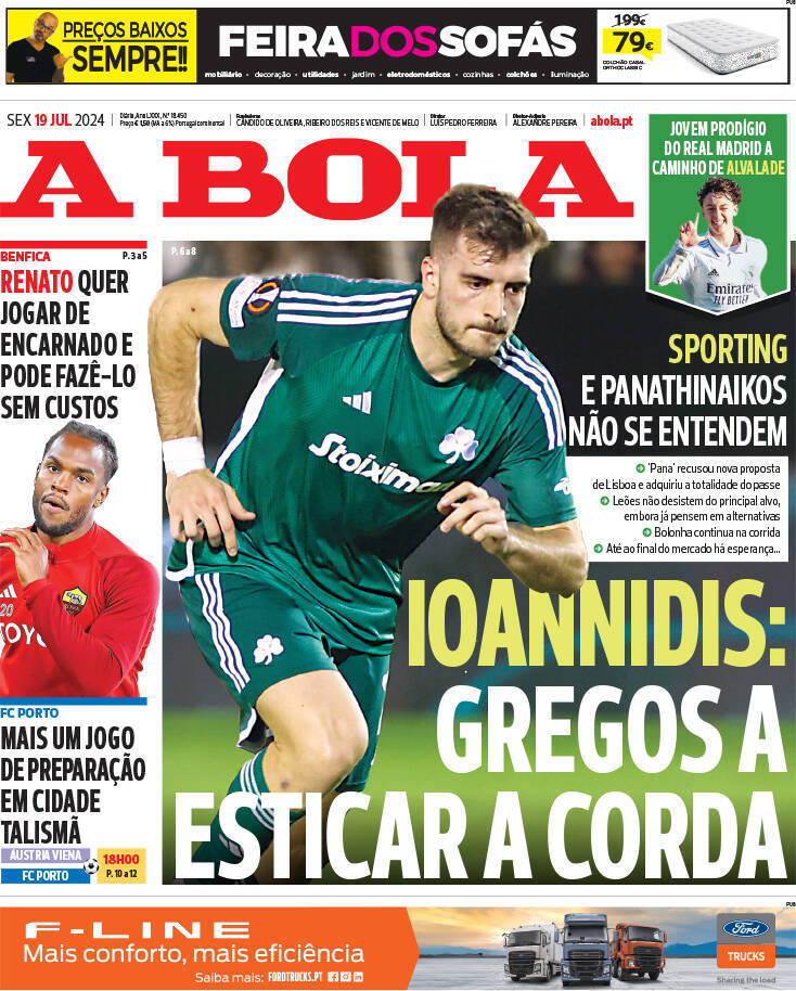 A Bola: Capa da Edi&ccedil;&atilde;o de sexta-feira, 19 de julho 2024