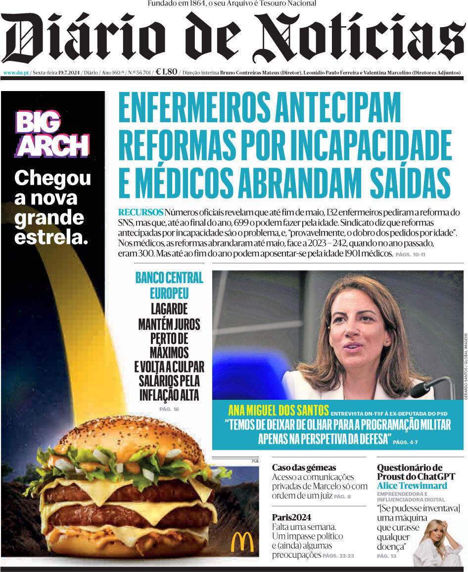 Di&aacute;rio de Not&iacute;cias: Capa da Edi&ccedil;&atilde;o de sexta-feira, 19 de julho 2024