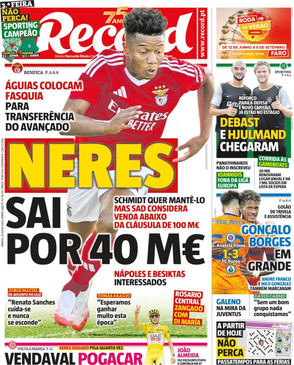 Record: Capa da Edi&ccedil;&atilde;o de s&aacute;bado, 20 de julho 2024