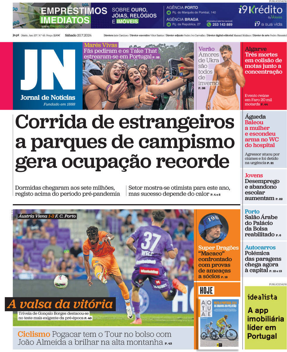 Jornal de Not&iacute;cias: Capa da Edi&ccedil;&atilde;o de s&aacute;bado, 20 de julho 2024