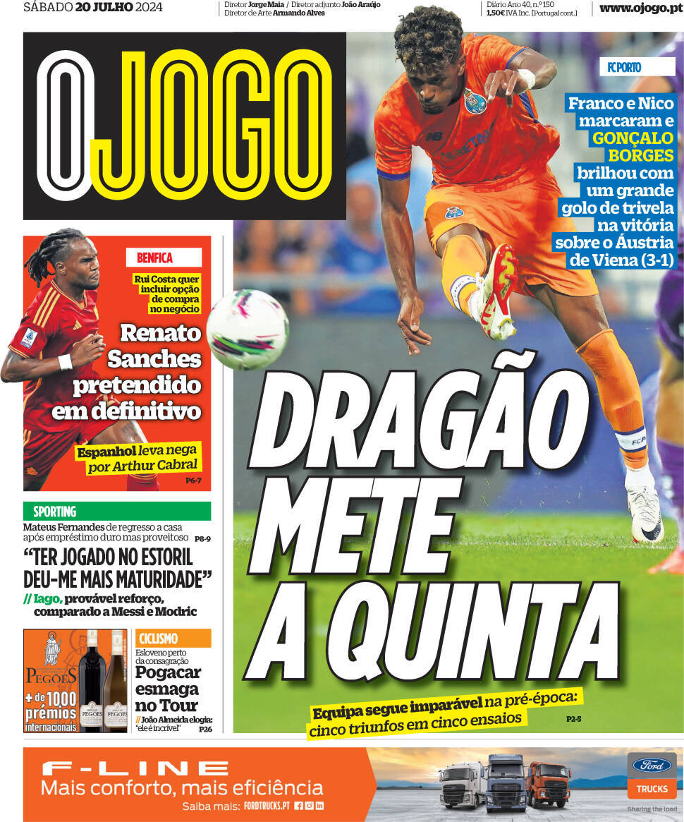 O Jogo: Capa da Edi&ccedil;&atilde;o de s&aacute;bado, 20 de julho 2024