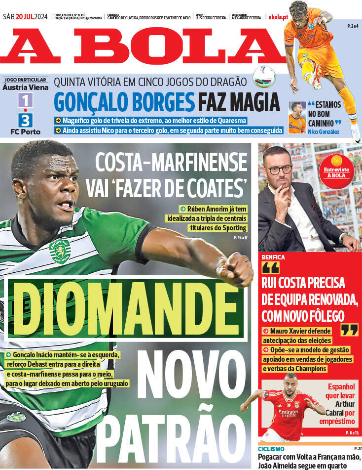 A Bola: Capa da Edi&ccedil;&atilde;o de s&aacute;bado, 20 de julho 2024