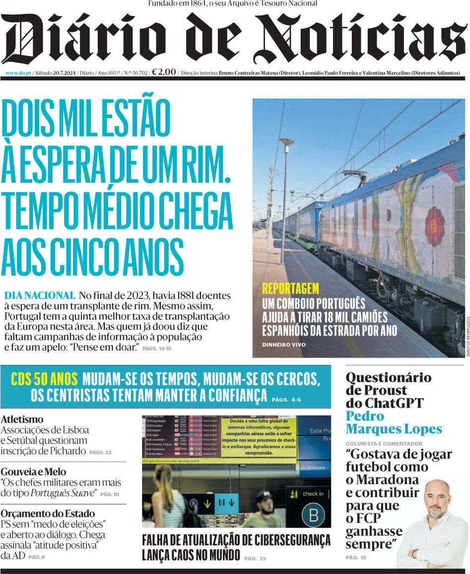 Di&aacute;rio de Not&iacute;cias: Capa da Edi&ccedil;&atilde;o de s&aacute;bado, 20 de julho 2024