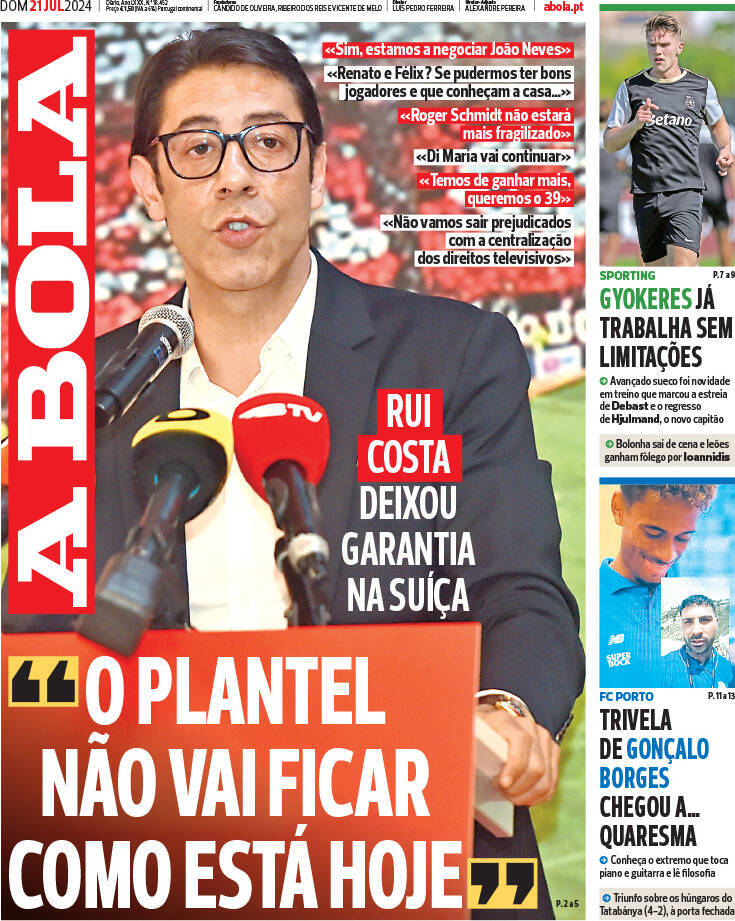 A Bola: Capa da Edi&ccedil;&atilde;o de domingo, 21 de julho 2024