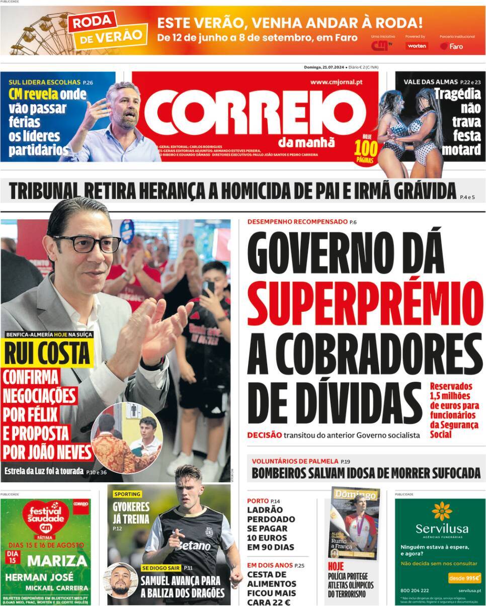 Correio da Manh&atilde;: Capa da Edi&ccedil;&atilde;o de domingo, 21 de julho 2024