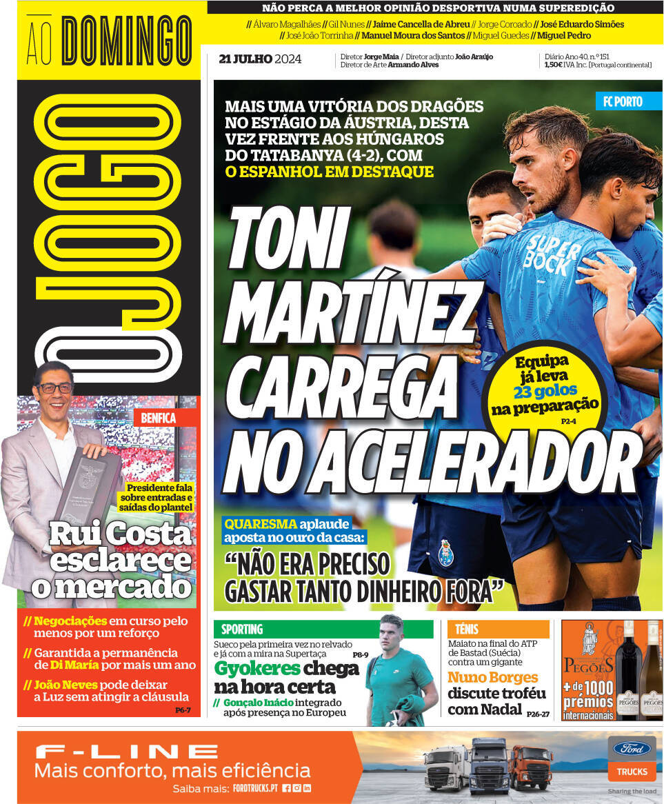 O Jogo: Capa da Edi&ccedil;&atilde;o de domingo, 21 de julho 2024