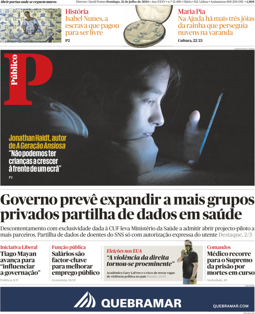 P&uacute;blico: Capa da Edi&ccedil;&atilde;o de domingo, 21 de julho 2024