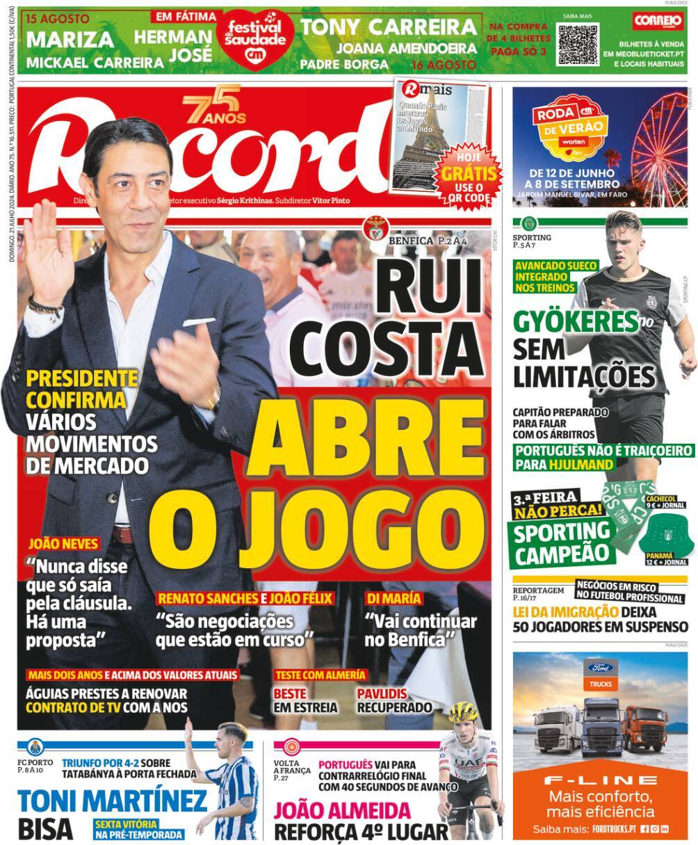 Record: Capa da Edi&ccedil;&atilde;o de domingo, 21 de julho 2024