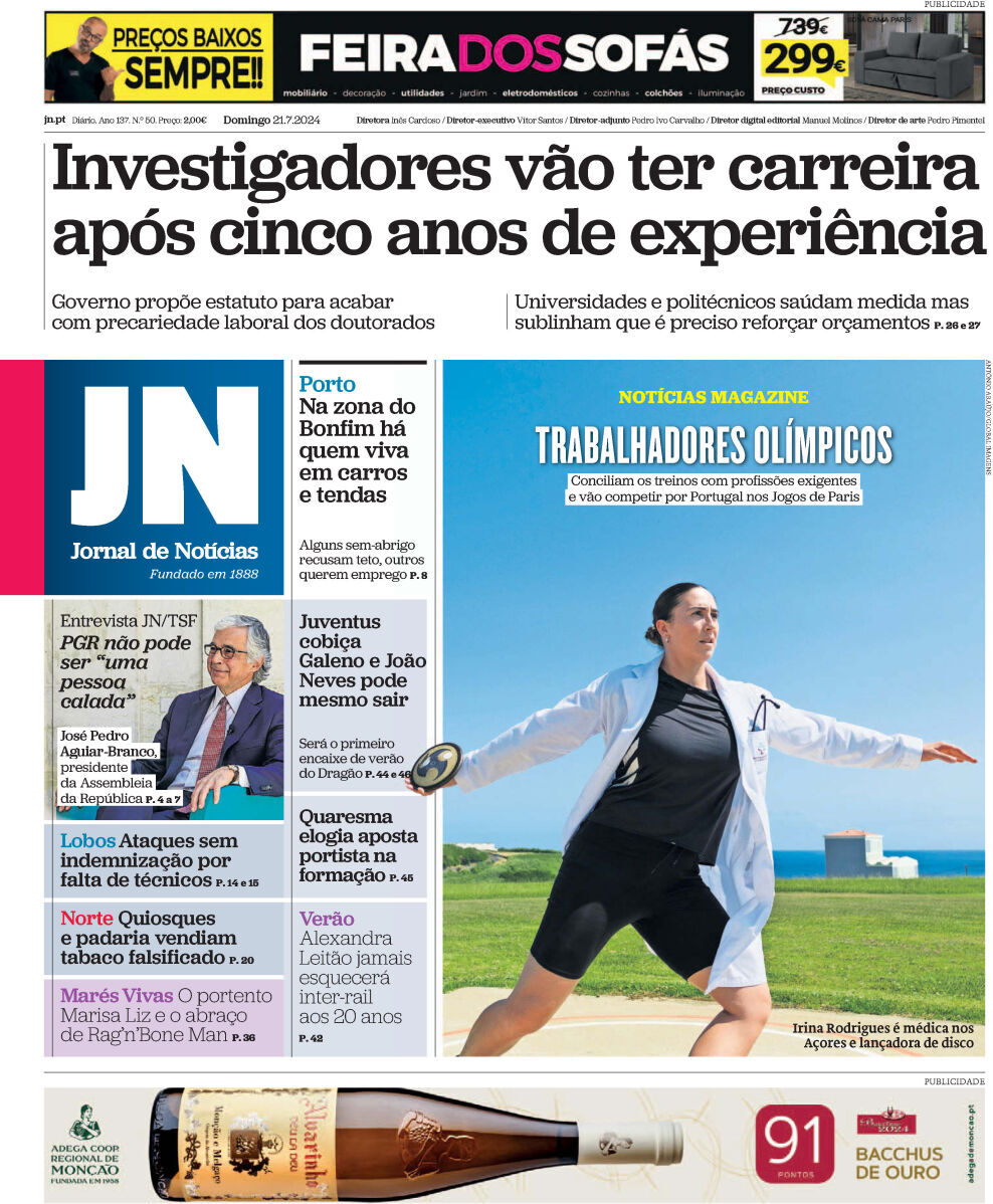 Jornal de Not&iacute;cias: Capa da Edi&ccedil;&atilde;o de domingo, 21 de julho 2024