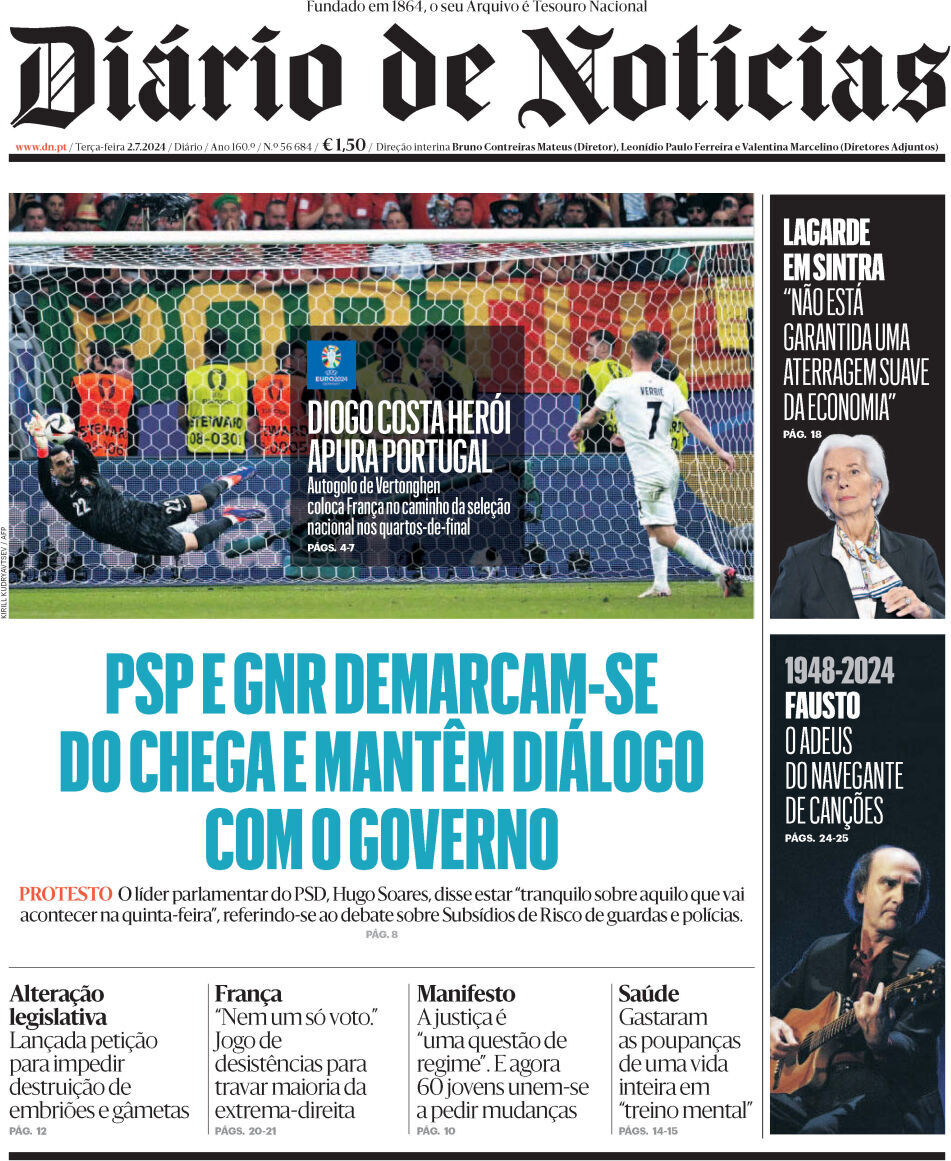 Di&aacute;rio de Not&iacute;cias: Capa da Edi&ccedil;&atilde;o de ter&ccedil;a-feira, 02 de julho 2024