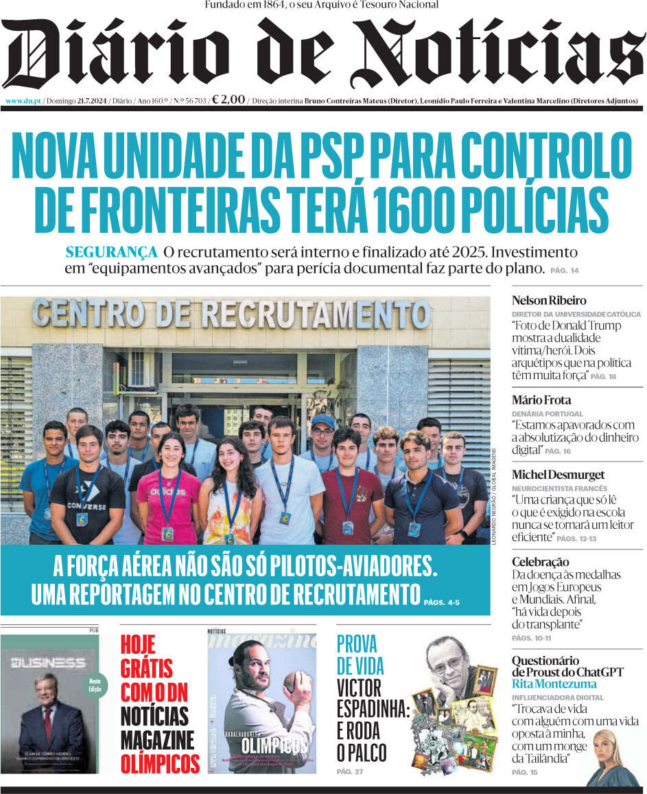 Di&aacute;rio de Not&iacute;cias: Capa da Edi&ccedil;&atilde;o de domingo, 21 de julho 2024