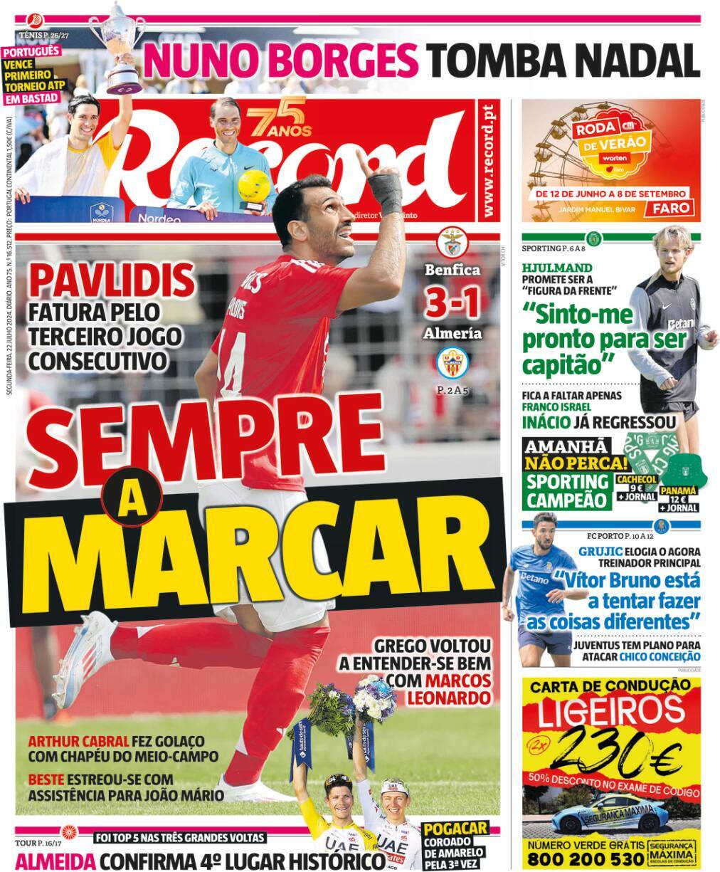 Record: Capa da Edi&ccedil;&atilde;o de segunda-feira, 22 de julho 2024