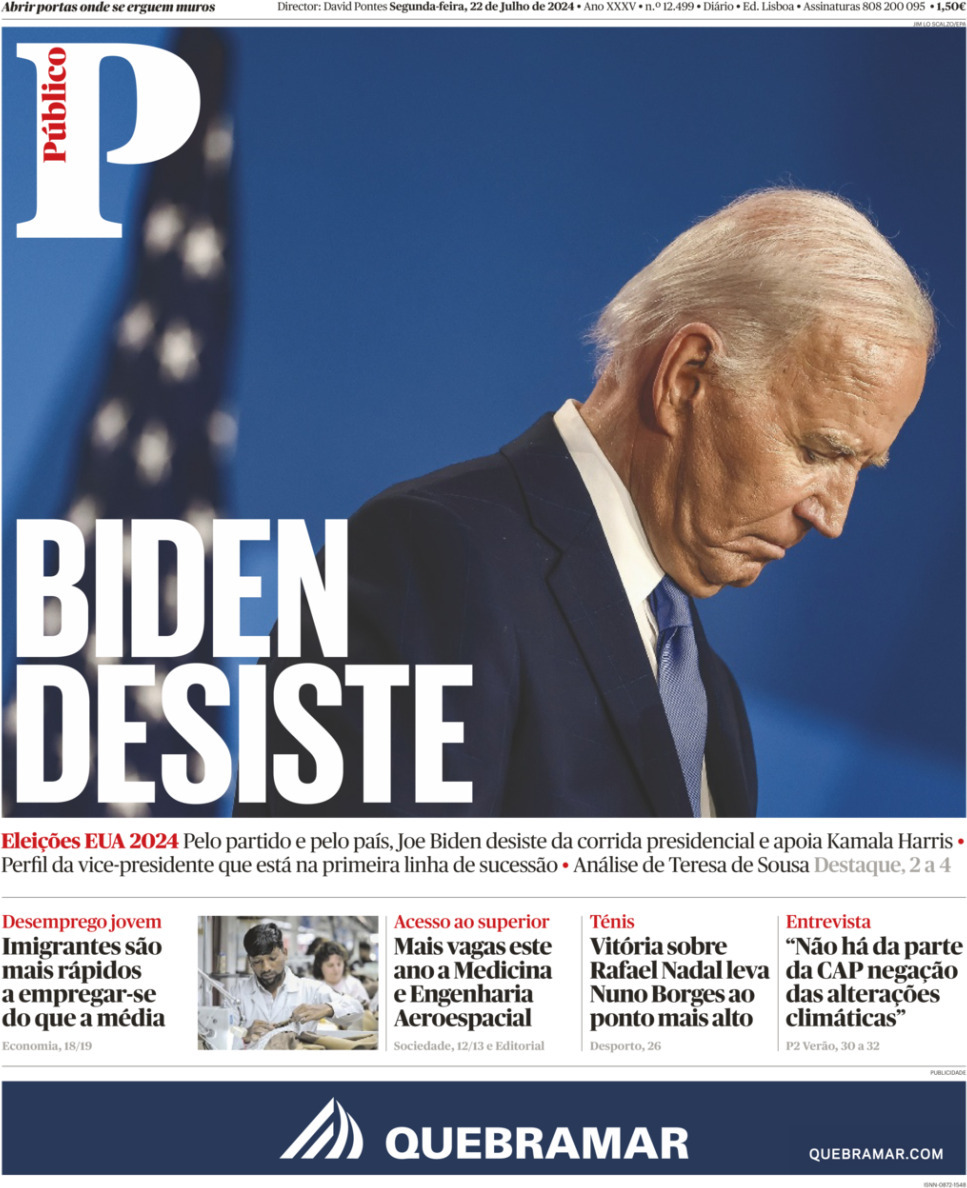 P&uacute;blico: Capa da Edi&ccedil;&atilde;o de segunda-feira, 22 de julho 2024