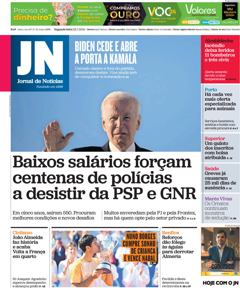 Jornal de Not&iacute;cias: Capa da Edi&ccedil;&atilde;o de segunda-feira, 22 de julho 2024