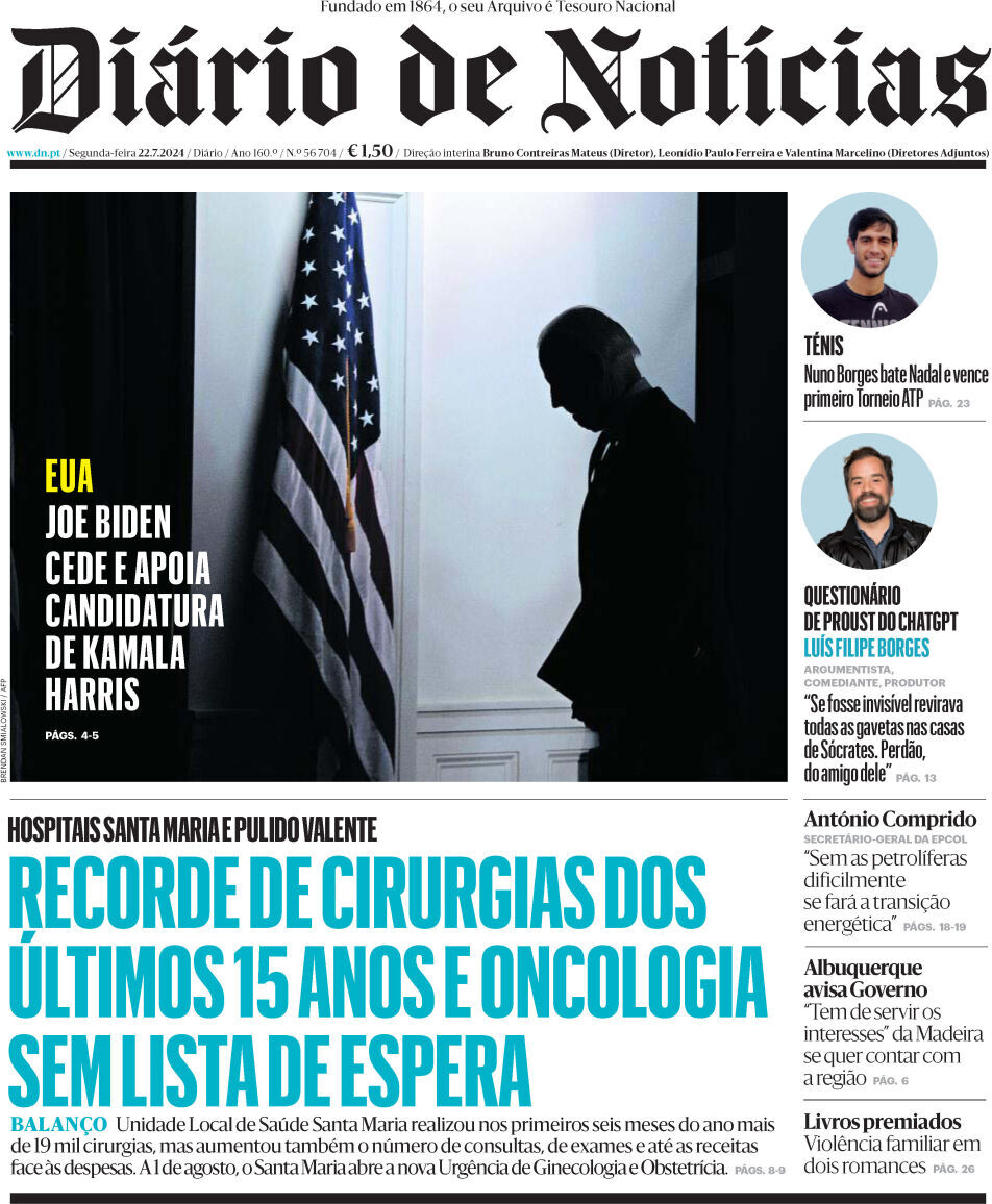 Di&aacute;rio de Not&iacute;cias: Capa da Edi&ccedil;&atilde;o de segunda-feira, 22 de julho 2024