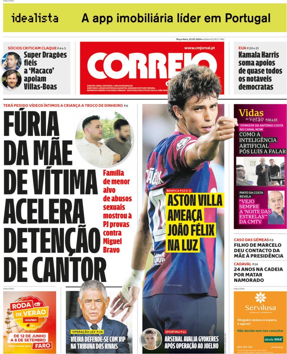 Correio da Manh&atilde;: Capa da Edi&ccedil;&atilde;o de ter&ccedil;a-feira, 23 de julho 2024