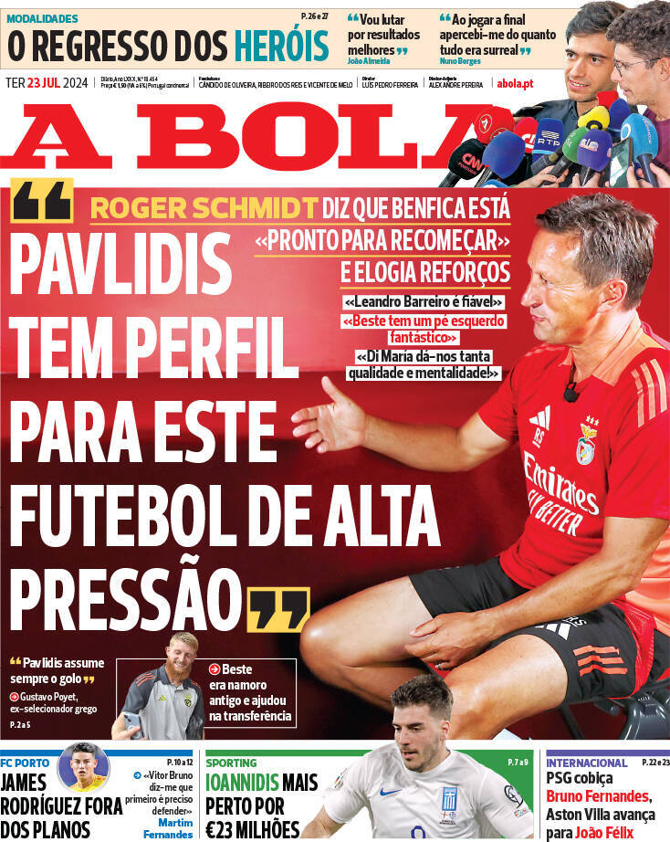 A Bola: Capa da Edi&ccedil;&atilde;o de ter&ccedil;a-feira, 23 de julho 2024