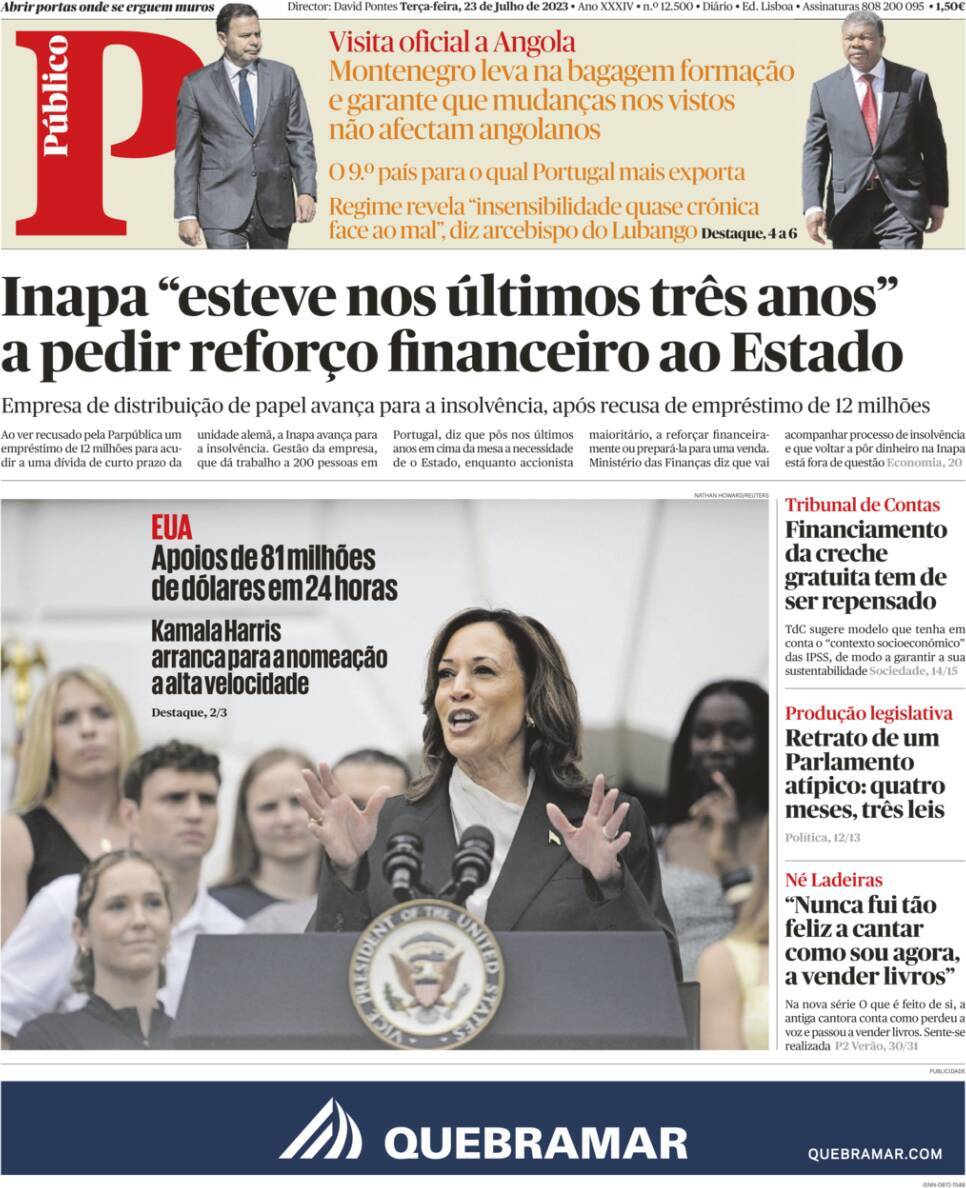 P&uacute;blico: Capa da Edi&ccedil;&atilde;o de ter&ccedil;a-feira, 23 de julho 2024