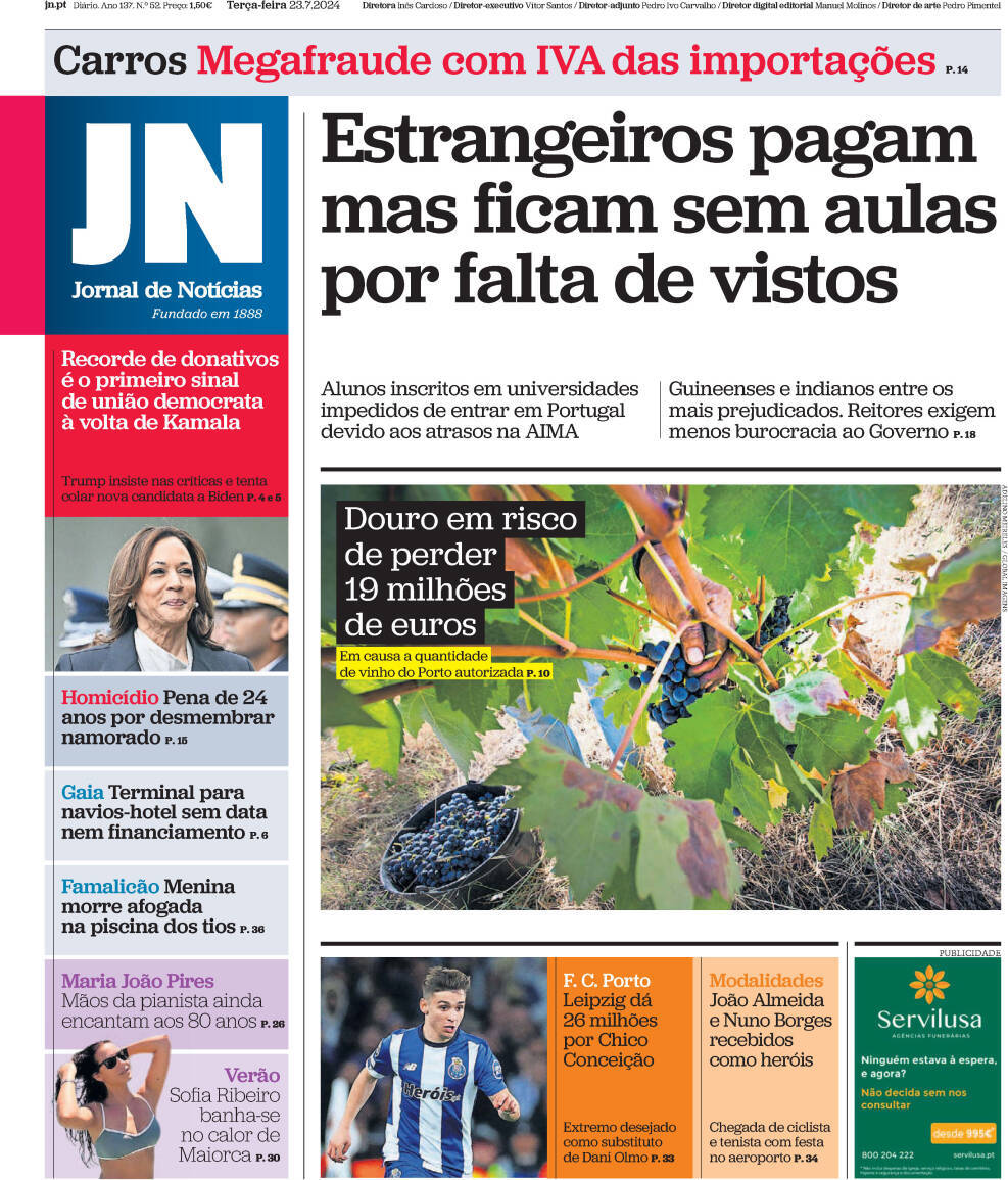 Jornal de Not&iacute;cias: Capa da Edi&ccedil;&atilde;o de ter&ccedil;a-feira, 23 de julho 2024