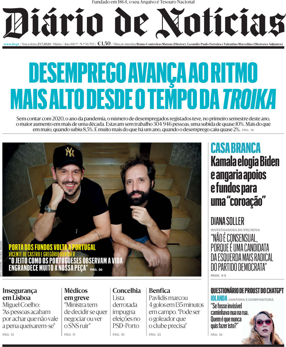 Di&aacute;rio de Not&iacute;cias: Capa da Edi&ccedil;&atilde;o de ter&ccedil;a-feira, 23 de julho 2024