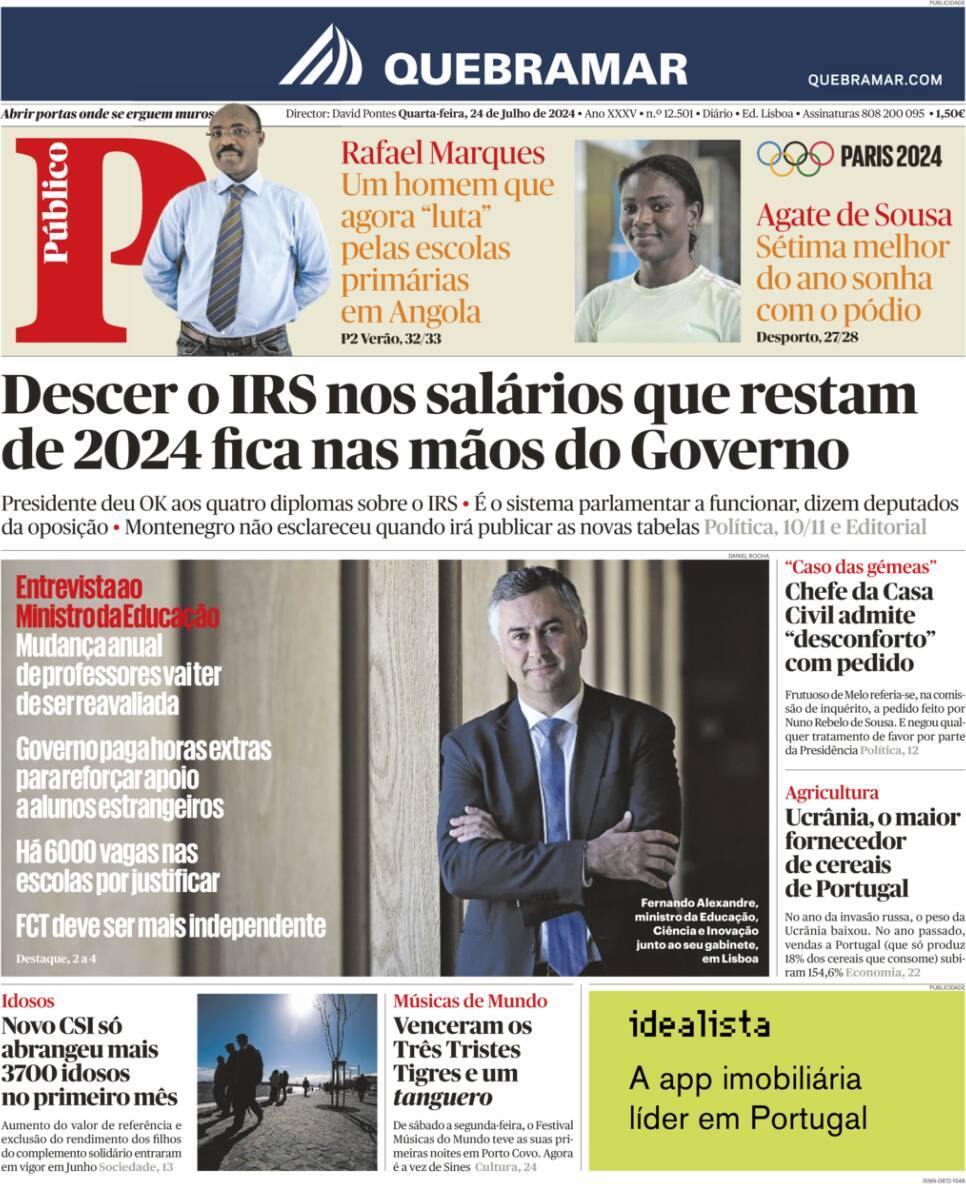 P&uacute;blico: Capa da Edi&ccedil;&atilde;o de quarta-feira, 24 de julho 2024