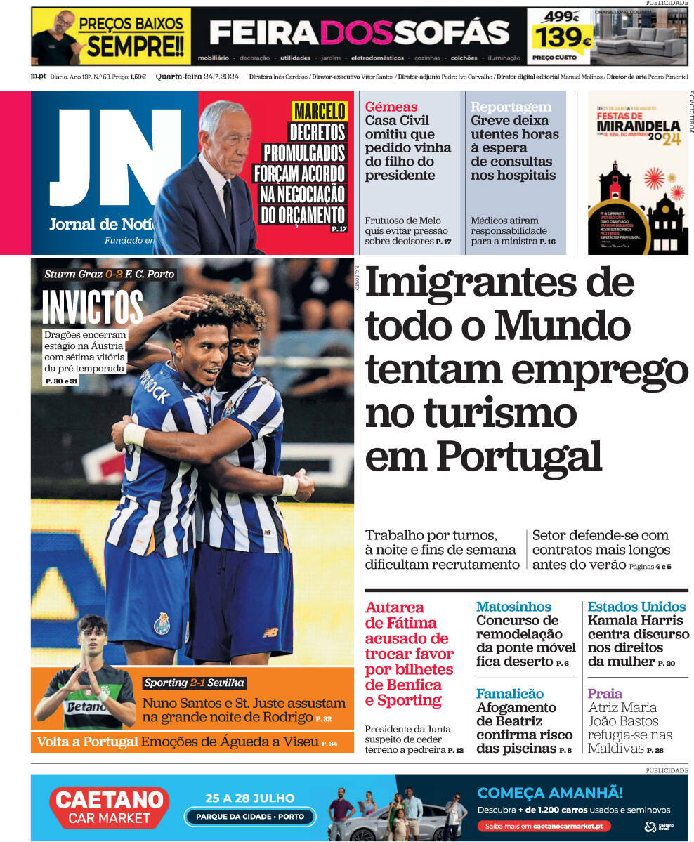 Jornal de Not&iacute;cias: Capa da Edi&ccedil;&atilde;o de quarta-feira, 24 de julho 2024